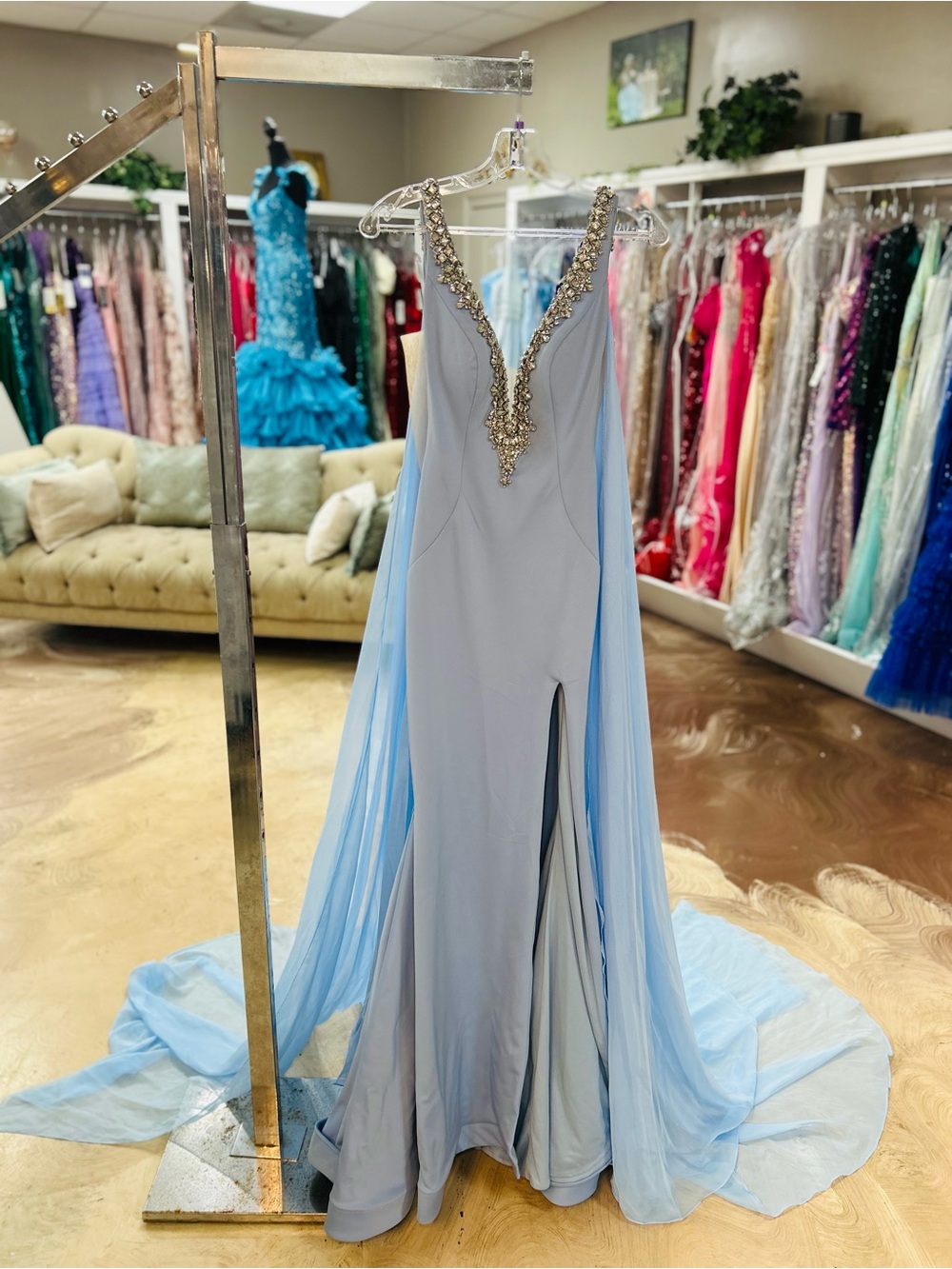 Ava Presley Beaded V-Neck Light Blue Prom Gown with Sheer Cape